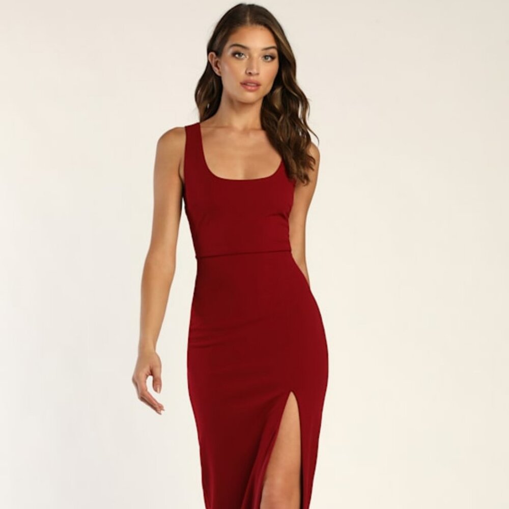 Lulus Sultry Elegance Wine Red Cutout Bodycon Midi Dress - Size Medium